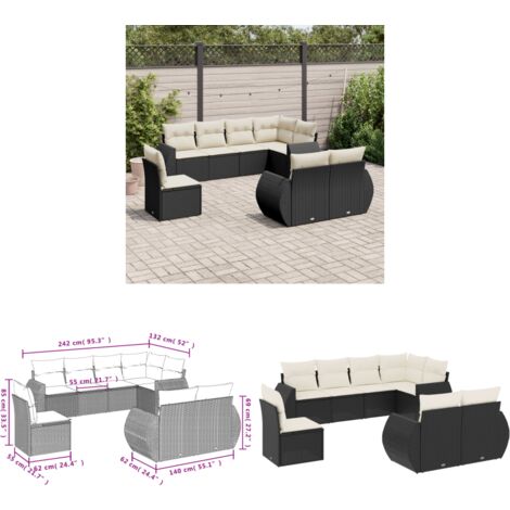Salon de jardin 8 pcs avec coussins noir résine tressée - Ensemble Salon De Jardin - Mobilier De Jardin - Canapé Extérieur - Set Salon - Chaise Longue - Home & Living