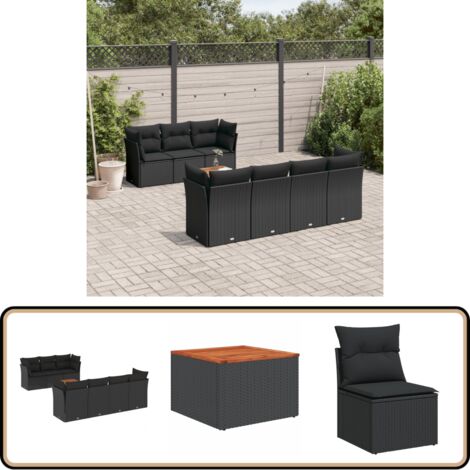 Salon de jardin 8 pcs avec coussins noir résine tressée - Ensemble Salon De Jardin - Mobilier De Jardin - Canapé Extérieur - Table Basse Jardin - Chaise Lounge
