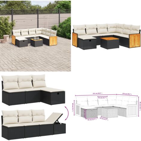 Salon de jardin 8 pcs avec coussins noir résine tressée - Ensemble Salon De Jardin - Mobilier De Jardin - Canapé Extérieur - Table De Jardin - Chaise Lounge - Home & Living