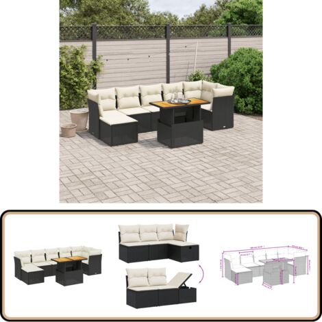 Salon de jardin 8 pcs avec coussins noir résine tressée - Ensemble Salon De Jardin - Mobilier De Jardin - Salon Extérieur - Table De Jardin Extensible - Chaise Longue