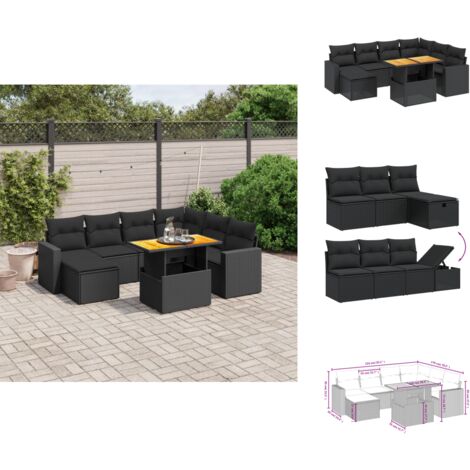 Salon de jardin 8 pcs avec coussins noir résine tressée - Ensemble Salon De Jardin - Mobilier De Jardin - Table De Jardin Extensible - Chaise Lounge - Fauteuil Extérieur