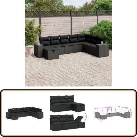 Salon de jardin 8 pcs avec coussins noir résine tressée - Ensemble Salon De Jardin - Mobilier Extérieur - Canapé Jardin - Chaise Longue - Set Salon De Jardin