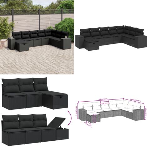 Salon de jardin 8 pcs avec coussins noir résine tressée - Ensemble Salon De Jardin - Mobilier Extérieur - Canapé Jardin - Chaise Longue - Set Salon De Jardin - Home & Living