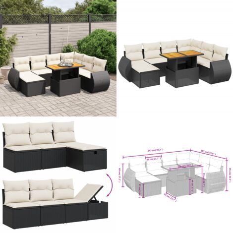 Salon de jardin 8 pcs avec coussins noir résine tressée - Ensemble Salon De Jardin - Mobilier Extérieur - Jardin Design - Set Salon De Jardin - Chaise Lounge - Home & Living