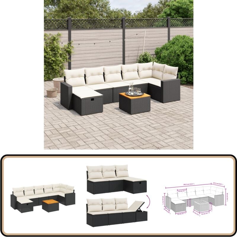Salon de jardin 8 pcs avec coussins noir résine tressée - Ensemble Salon De Jardin - Mobilier Extérieur - Meubles De Jardin - Set Salon Jardin
