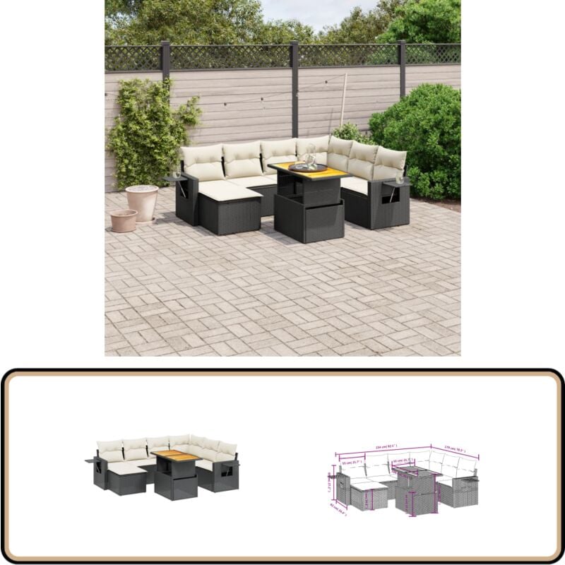 Salon de jardin 8 pcs avec coussins noir résine tressée - Ensemble Salon Jardin - Meuble Extérieur - Résine Tressée - Rotin Synthétique - Table