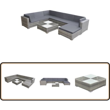 Salon de jardin 8 pcs avec coussins Résine tressée Gris - Salon De Jardin - Meubles De Jardin - Salon Extérieur - Set De Salon - Canapé D'angle