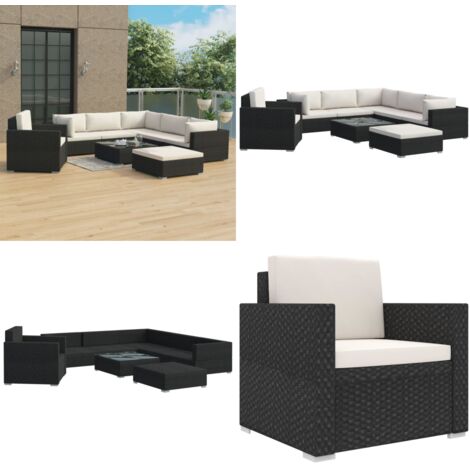 Salon de jardin 8 pcs avec coussins résine tressée noir - Canapé de jardin - Canapé en rotin