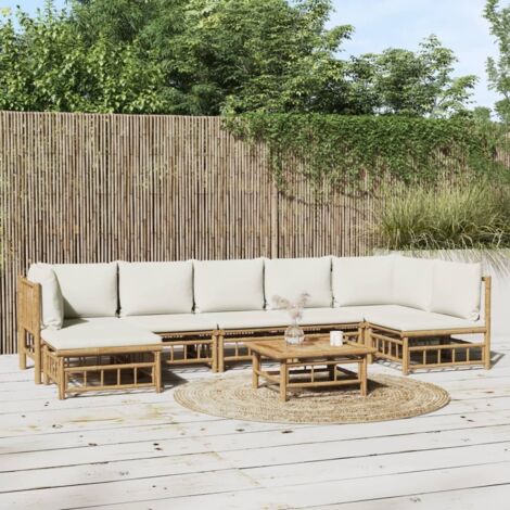 Salon de jardin 8 pcs - Ensemble Table et Chaise de Jardin - avec coussins blanc crème bambou BV980931 - BonneVie