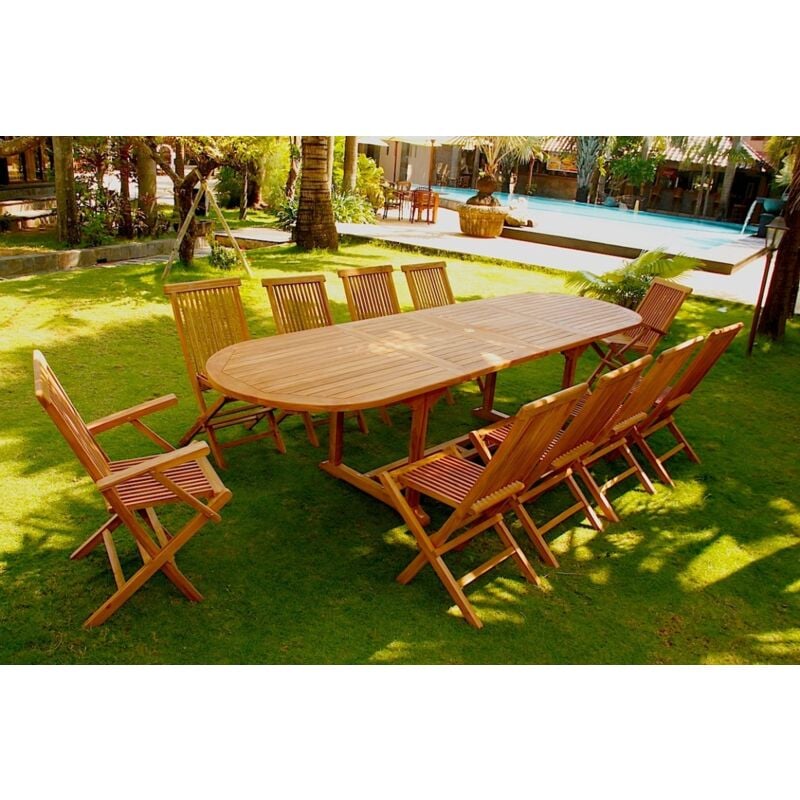 Concept-usine - kajang - salon de jardin extensible avec table ovale 10 places en teck