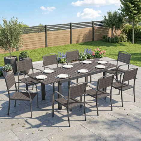 Salon de Jardin 8 Personnes Table de Jardin Extensible 150-225cm avec Plateau Polybois et 8 Chaises Aluminium Gris