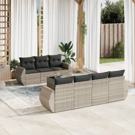 Salon de Jardin 8 Pièces en Résine Tressée Gris Clair avec Table Verre, Coussins Amovibles et Espaces de Rangement