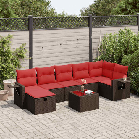 Salon de Jardin 8 Pièces en Résine Tressée Marron avec Coussins Rouges, Table et Pouf Rangement