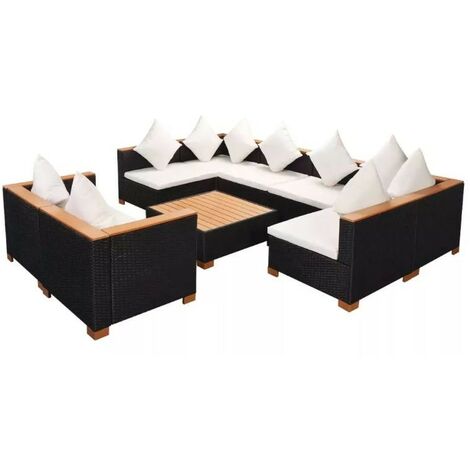 Salon de jardin 8 pièces résine tressée noir et coussins blanc Kimberly 2
