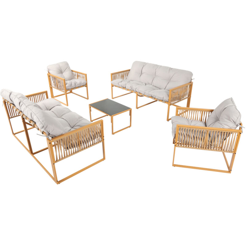 Concept-usine - turini - Salon de jardin 8 places effet rotin coussins gris clair