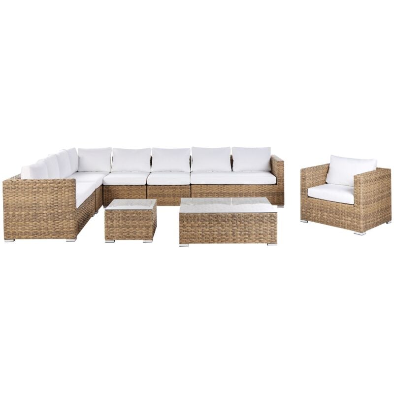 Salon de Jardin 8 Places en Polyrotin Marron Clair Résistant uv avec Coussins Blanc Cassé xxl