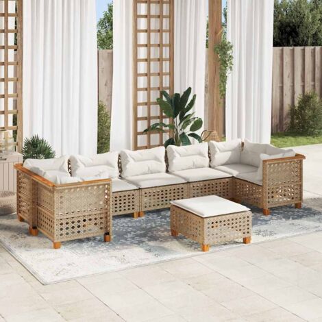 Salon de jardin 8 places en résine tressée beige avec coussins - Ensemble modulaire canapé d'extérieur avec repose-pieds et housses lavables