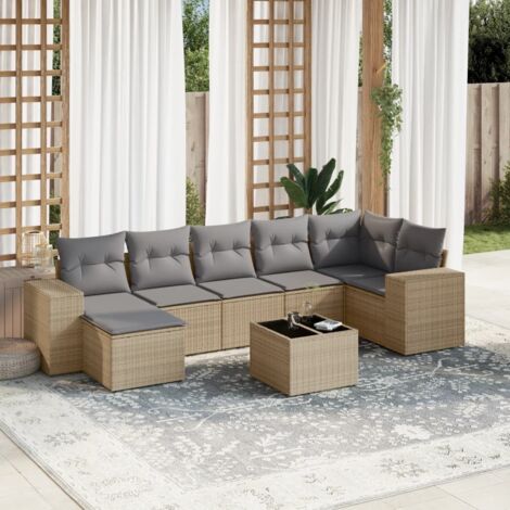 Salon de Jardin 8 Places en Résine Tressée Beige avec Coussins Gris - Ensemble Modulaire Table et Canapé d'Extérieur