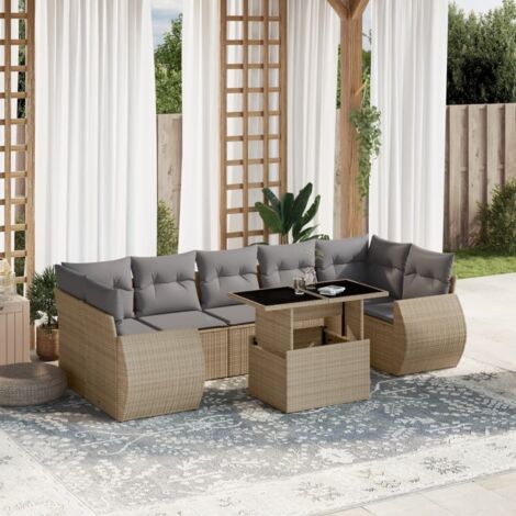 Salon de Jardin 8 Places en Résine Tressée Beige avec Table Réglable et Coussins Gris - Ensemble Modulaire Jardin avec 2 Fauteuils d'Angle, 3 Sièges Centraux, 2 Canapés
