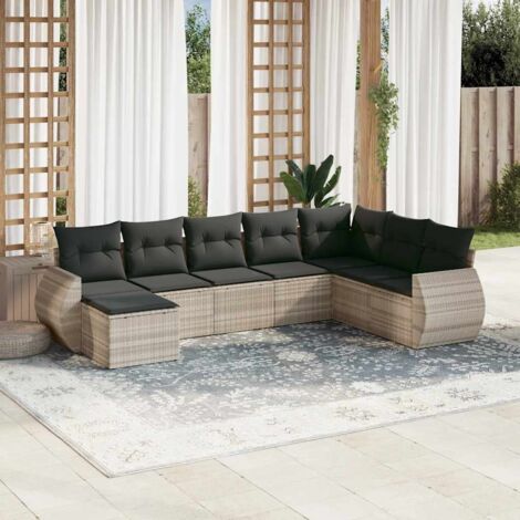 Salon de Jardin 8 Places en Résine Tressée Gris avec Coussins – Canapé d'Angle, Sièges Centraux, Fauteuils et Pouf Modulables