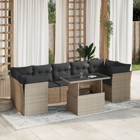 Salon de Jardin 8 Places en Résine Tressée Gris Clair avec Coussins Anthracite et Table Extensible