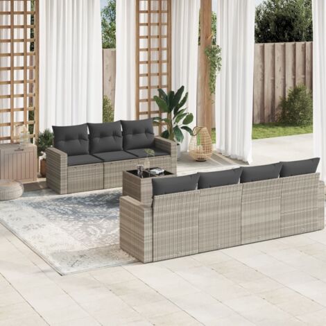Salon de jardin 8 places en résine tressée gris clair avec coussins et table