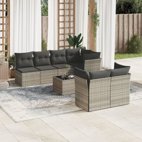 Salon de Jardin 8 Places en Résine Tressée Gris Clair avec Table en Verre et Coussins Amovibles, Ensemble Modulaire pour Terrasse