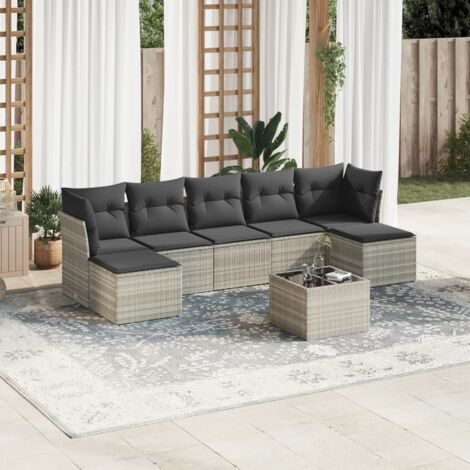 Salon de Jardin 8 Places en Résine Tressée Gris Clair avec Table en Verre et Coussins Gris Foncé - Canapés d'Extérieur Modulaires avec Espace de Rangement Intégré