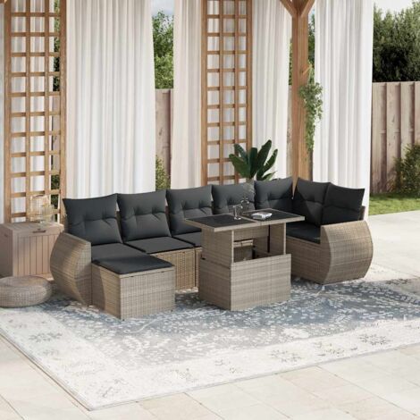 Salon de Jardin 8 Places en Résine Tressée Gris Clair, avec Table Réglable, Coussins Anthracite Lavables - Modèle Modulaire
