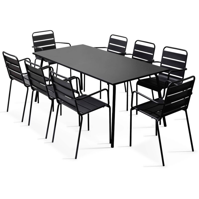 Ensemble table de Jardin et 8 fauteuils en métal noir - Palavas