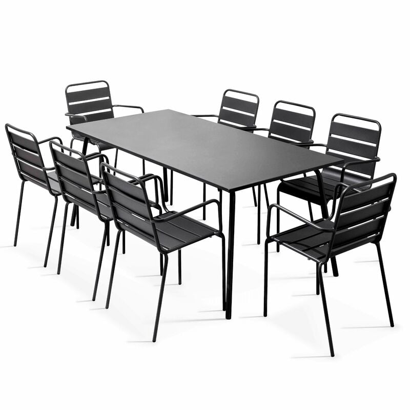 Ensemble table de Jardin et 8 fauteuils en métal gris - Palavas