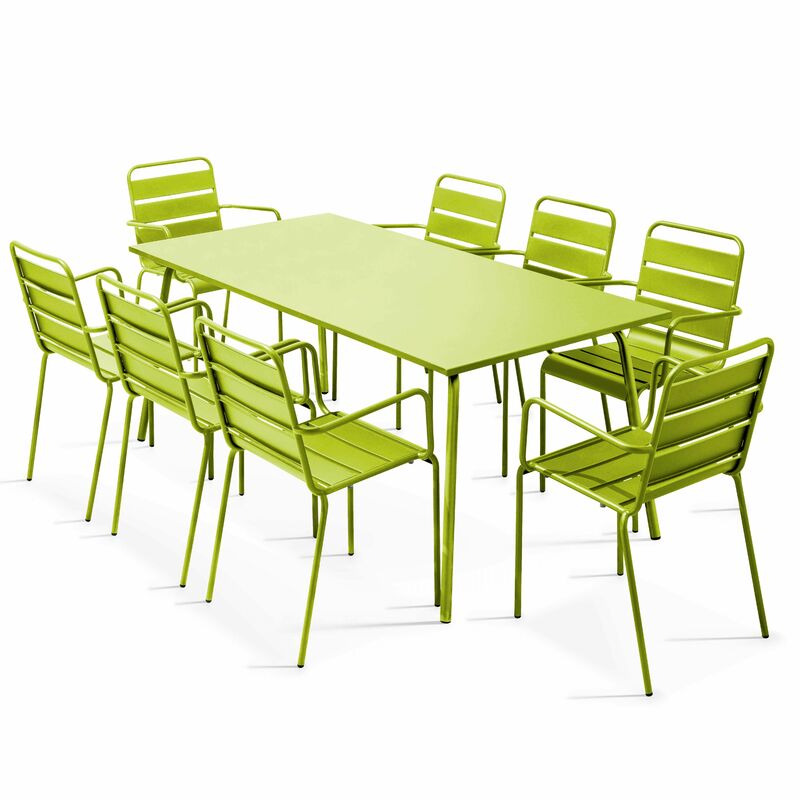 Ensemble table de Jardin et 8 fauteuils en métal vert - Palavas