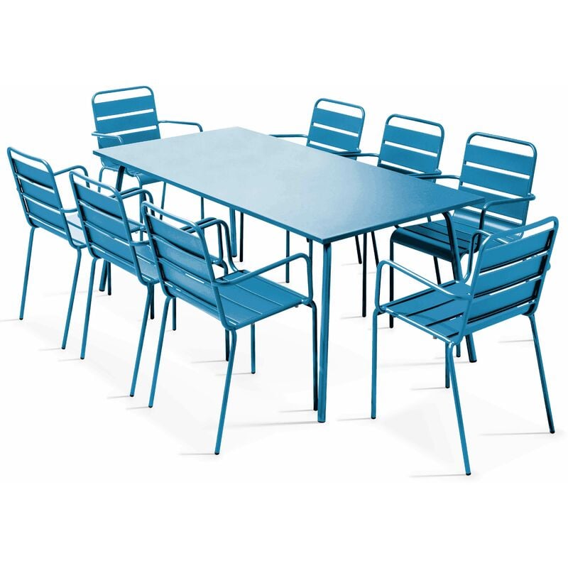 Ensemble table de jardin et 8 fauteuils en métal bleu pacific - Palavas