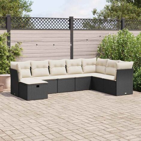 Salon de Jardin 8 Places Noir Résine Tressée avec Coussins Crème - Ensemble Modulaire Canapé d'Extérieur avec Rangement et Pouf