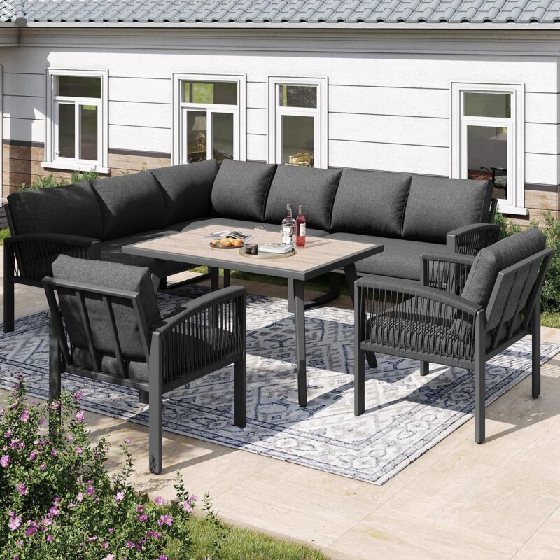 Salon de jardin 8 places – résine tressée, grande table avec aspect bois, structure en fer laqué, pieds réglables – Coussins d'assise et de dossier