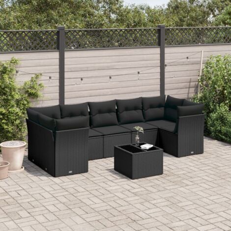Salon de jardin 8 places résine tressée noir avec table verre trempé et coussins lavables