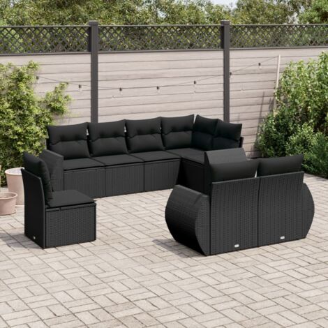 Salon de Jardin 8 Places Résine Tressée Noire avec Coussins - Ensemble Modulaire Canapé d'Angle et Fauteuils