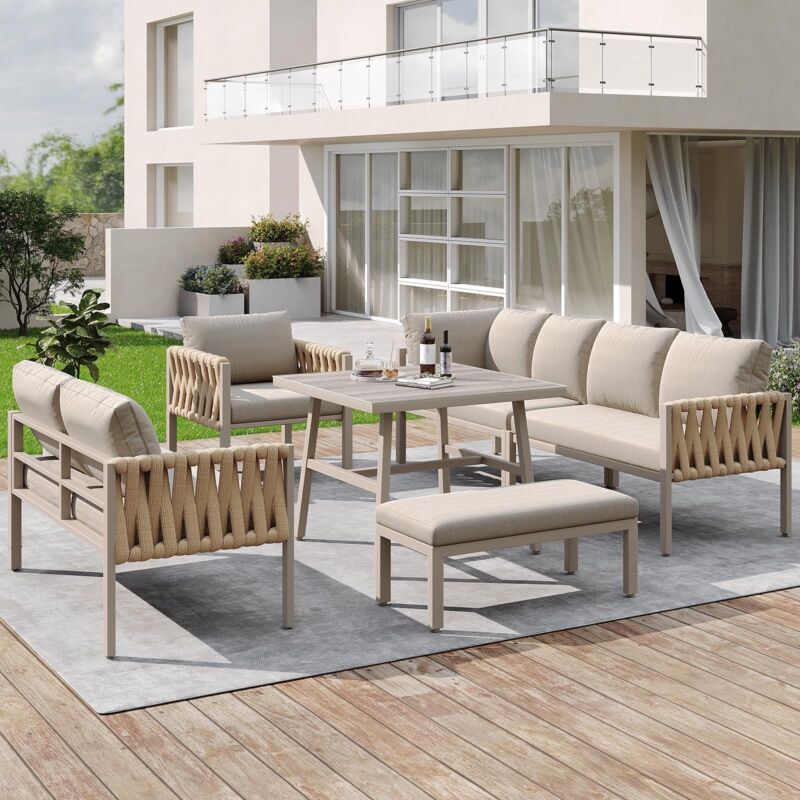 Salon de jardin 8 places – structure en fer laqué, pieds réglables – table en verre trempé, coussins d'assise et de dossier fournis – Beige