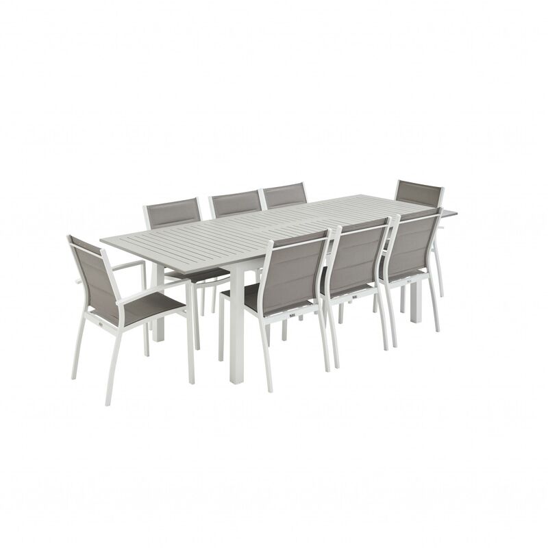 Salon de jardin Chicago 8 places table à rallonge extensible 175/245cm alu textilène Blanc / Taupe