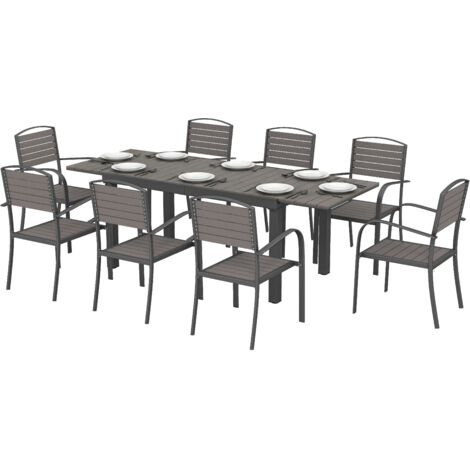 Salon de jardin 8 places table extensible 150-225cm plateau polybois + 8 chaises aluminium gris