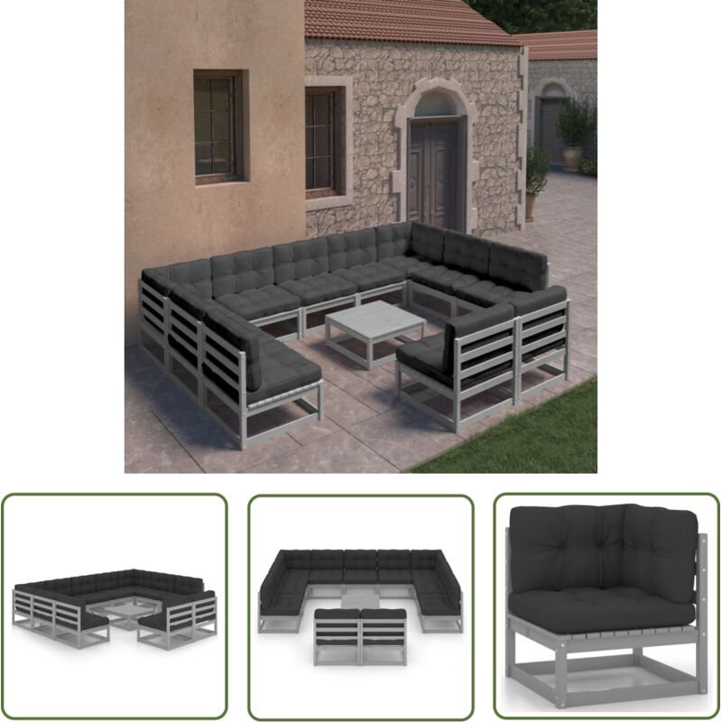 Salon de jardin 12 pcs avec coussins Gris Bois de pin massif Vidaxl