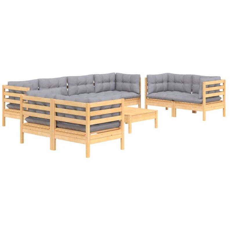 Salon de jardin 9 pcs avec coussins gris bois de pin massif Vidaxl