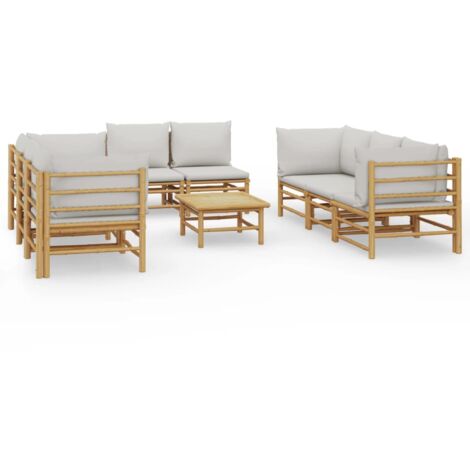Salon de jardin 9 pcs avec coussins gris clair bambou