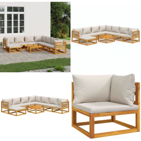 Salon de jardin 9 pcs avec coussins gris clair bois massif - Ensemble Salon Jardin - Mobilier De Jardin - Salon De Jardin - Table Basse - Chaise Longue - Home & Living