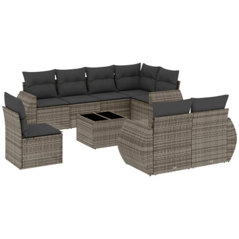 Salon de jardin 9 pcs avec coussins gris résine tressée