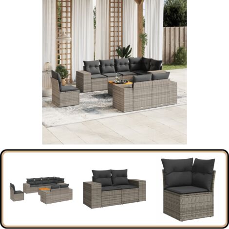 Salon de jardin 9 pcs avec coussins gris résine tressée - Ensemble Salon De Jardin - Mobilier Extérieur - Canapé Jardin - Table Basse Jardin - Chaise Lounge