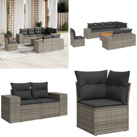 Salon de jardin 9 pcs avec coussins gris résine tressée - Ensemble Salon De Jardin - Mobilier Extérieur - Canapé Jardin - Table Basse Jardin - Chaise Lounge - Home & Living