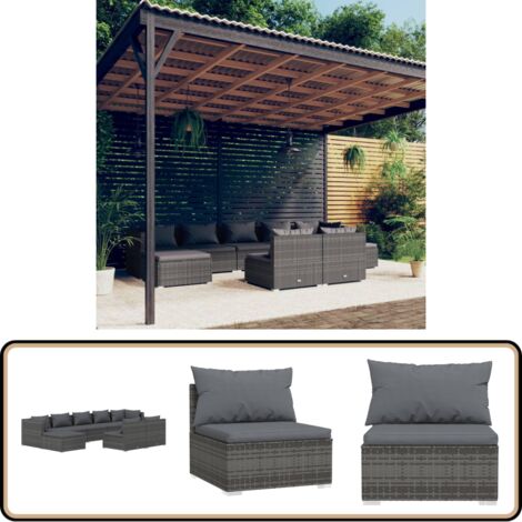 Salon de jardin 9 pcs avec coussins Gris Résine tressée - Salon De Jardin - Meuble De Jardin - Ensemble Salon Extérieur - Canapé D'extérieur - Mobilier De Jardin