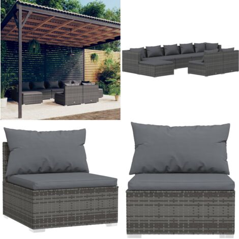 Salon de jardin 9 pcs avec coussins Gris Résine tressée - Salon De Jardin - Meuble De Jardin - Ensemble Salon Extérieur - Canapé D'extérieur - Mobilier De Jardin - Home & Living