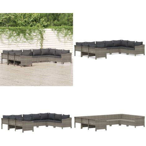 Salon de jardin 9 pcs avec coussins Gris Résine tressée - Salon De Jardin - Mobilier De Jardin - Ensemble Salon Extérieur - Meubles De Jardin - Set Salon - Home & Living